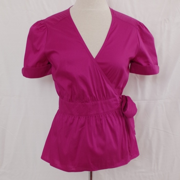 SOLD H&M Magenta Cotton Blend Short Sleeve Wrap Shirt- Sz. 10 - Picture 3 of 4